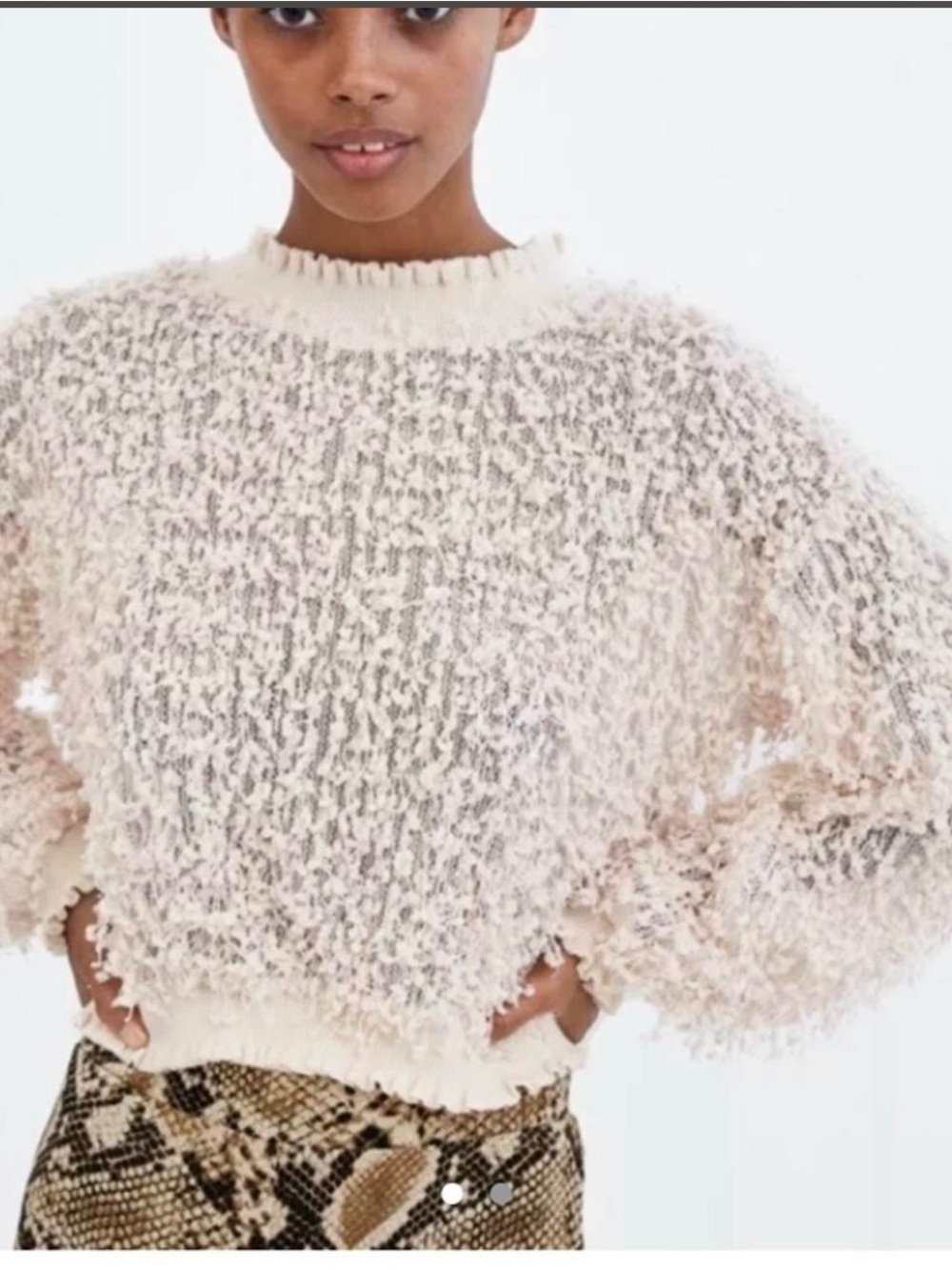 Zara Cream Textured Fuzzy Crewneck Sweater